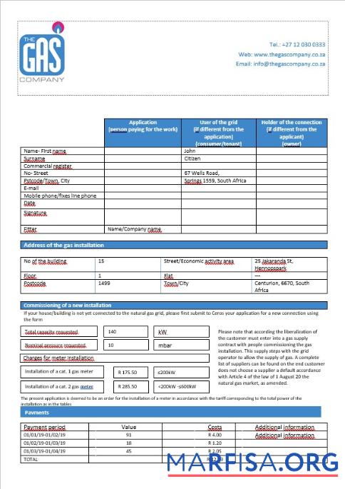 Realistic South Africa The GAS Company gas bill in Word format download for verification